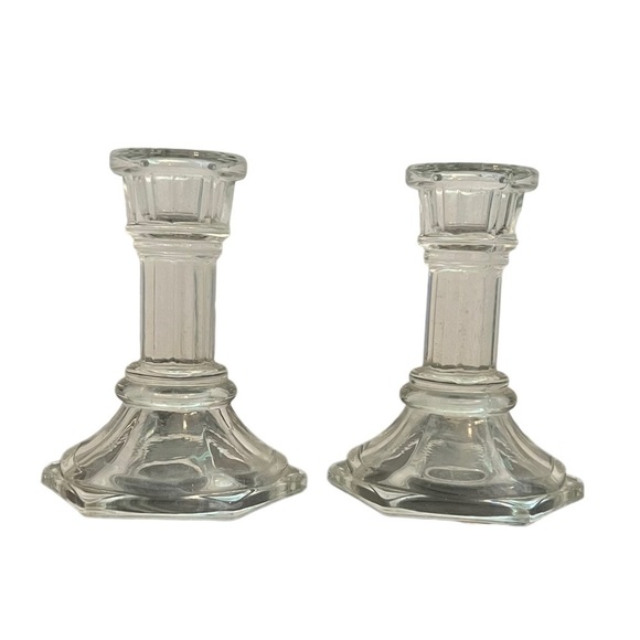 Set of 2 Vintage Crystal Candlesticks Hexagonal 4in Tall Clear Glass - Picture 1 of 7